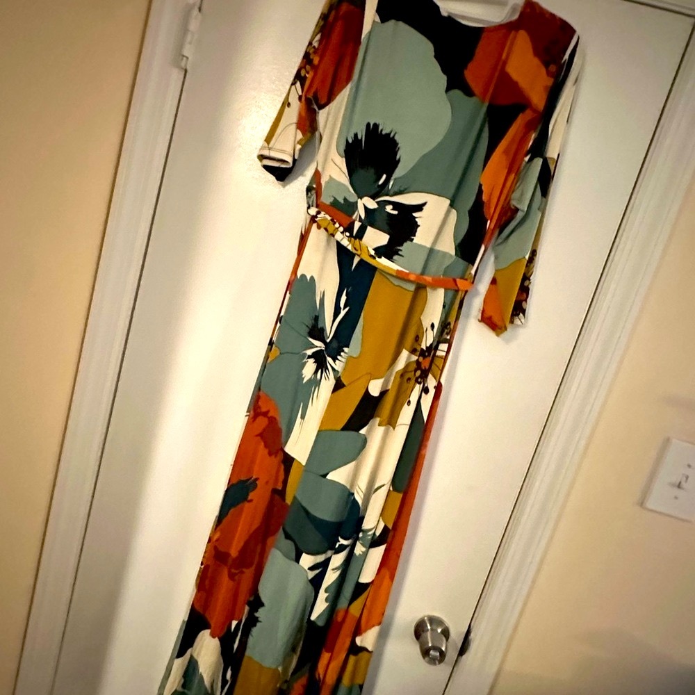 Like New Janette F/S Orange and Yellow Maxi Wrap Sundress with Flutter Sleeves - Picture 8 of 9